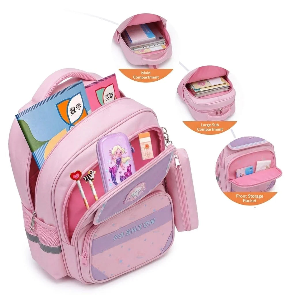 Fashion Kids School Backpack – Imported, with Matching Pencil Case (Available in Pink, Blue & Navy-Pink)