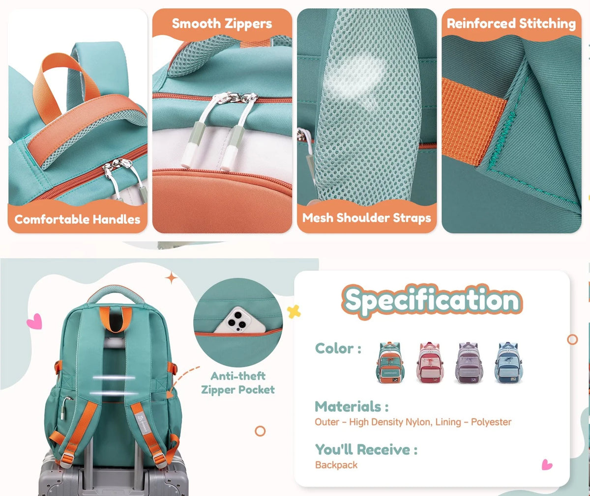 Octanauts Zenvy Cute Waterproof Large Capacity School Backpack for Girls – Multi-Compartment Laptop Travel Bag (15.6”)