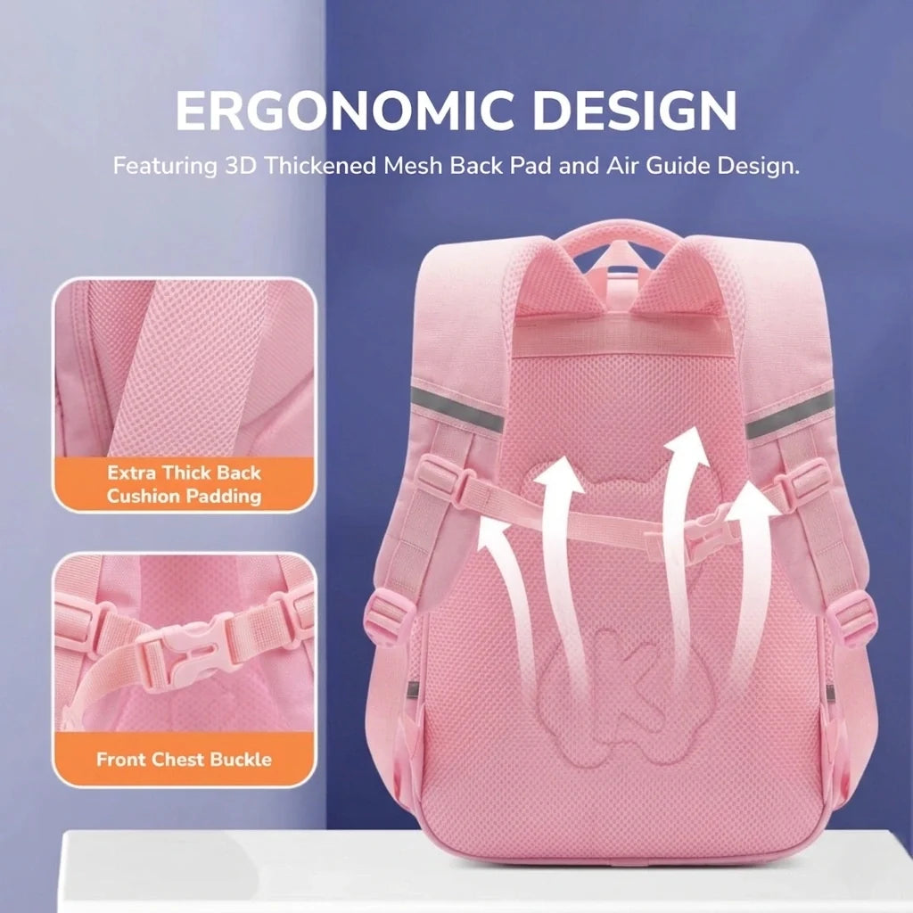 Pink School Backpack for Primary Class Girls – Imported, Water Resistant, Ergonomic with Reflective Strips