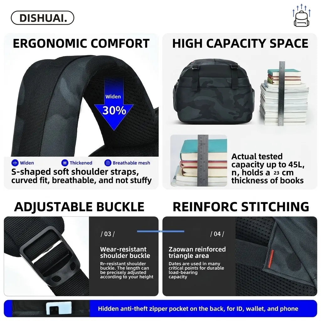 DISHUAI Camo Black Water-Resistant Backpack – 35L Large Capacity Travel & Laptop Bag with Trolley Strap