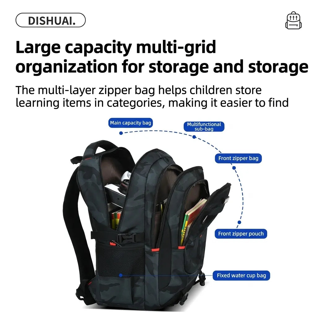 DISHUAI Camo Black Water-Resistant Backpack – 35L Large Capacity Travel & Laptop Bag with Trolley Strap