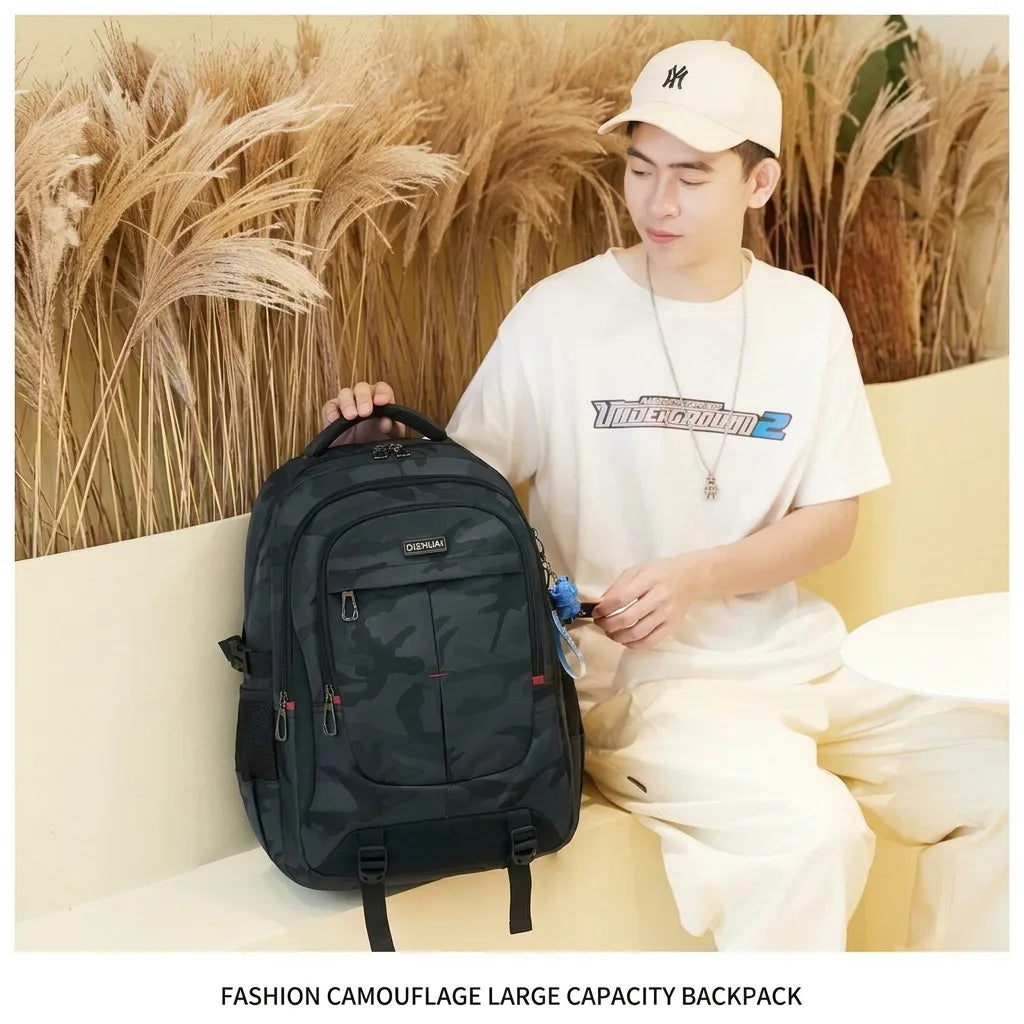DISHUAI Camo Black Water-Resistant Backpack – 35L Large Capacity Travel & Laptop Bag with Trolley Strap