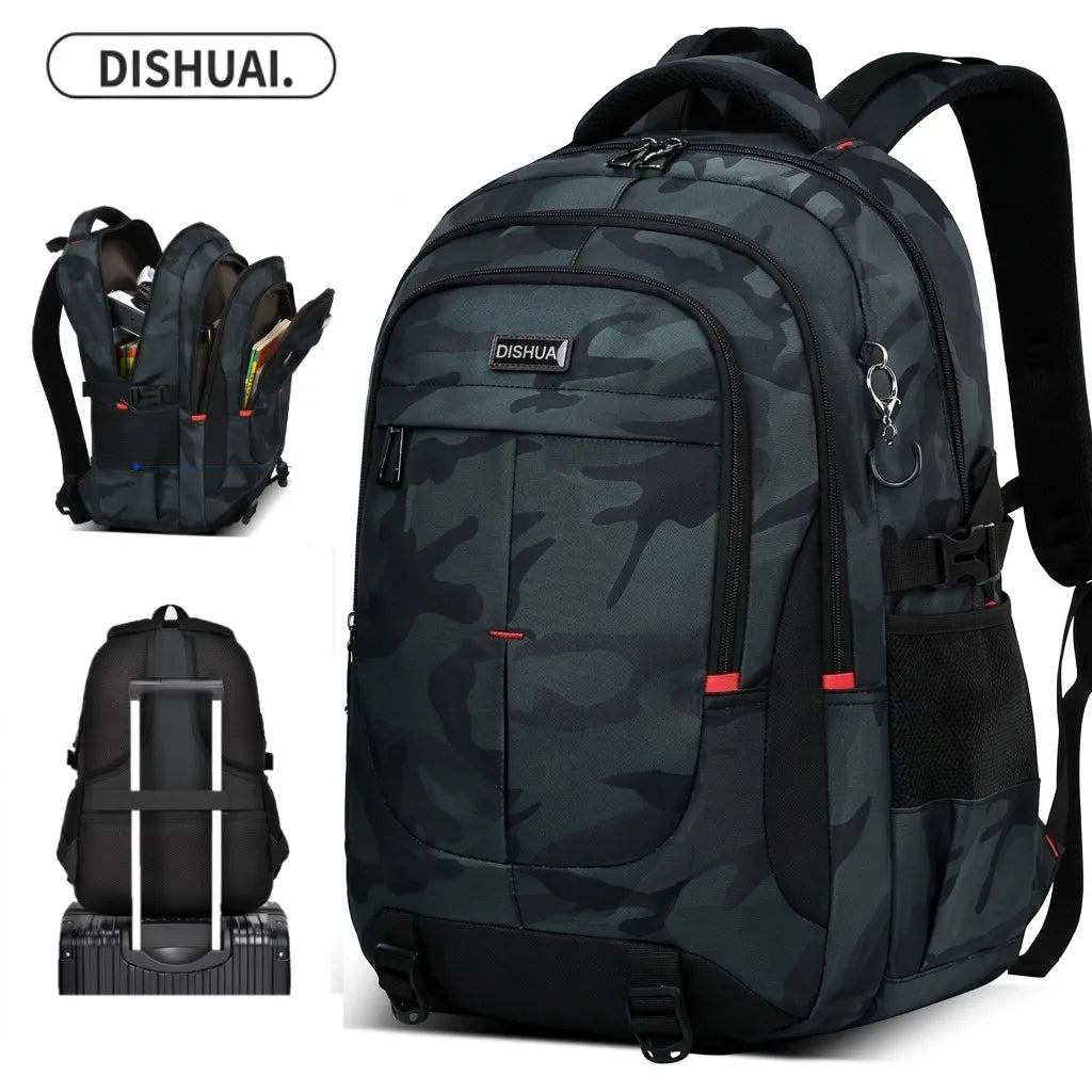 DISHUAI Camo Black Water-Resistant Backpack – 35L Large Capacity Travel & Laptop Bag with Trolley Strap