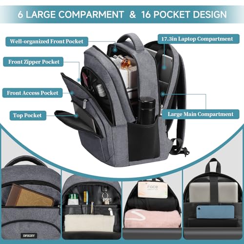 DFIKISY 17.3” Anti-Theft Laptop Backpack | Waterproof Oxford Fabric | USB Charging Port | Large Capacity Business & Travel Bag | Grey