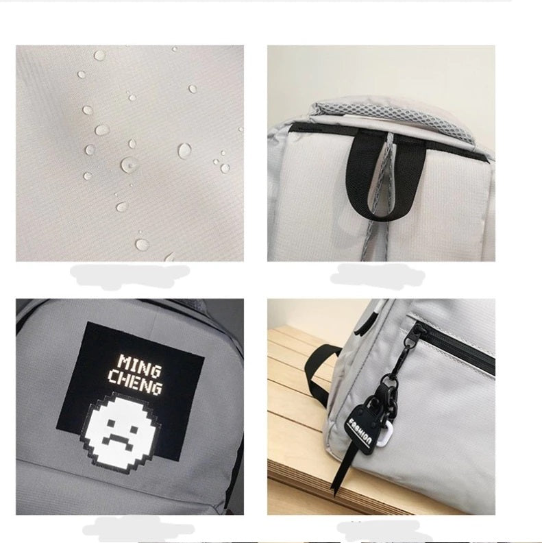 Gray Ming Cheng Unisex Student Backpack – Waterproof Korean Canvas Laptop Bag for School, College, University & Travel