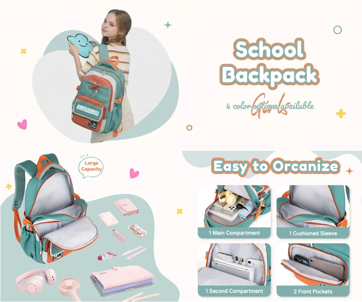 Octanauts Zenvy Cute Waterproof Large Capacity School Backpack for Girls – Multi-Compartment Laptop Travel Bag (15.6”)