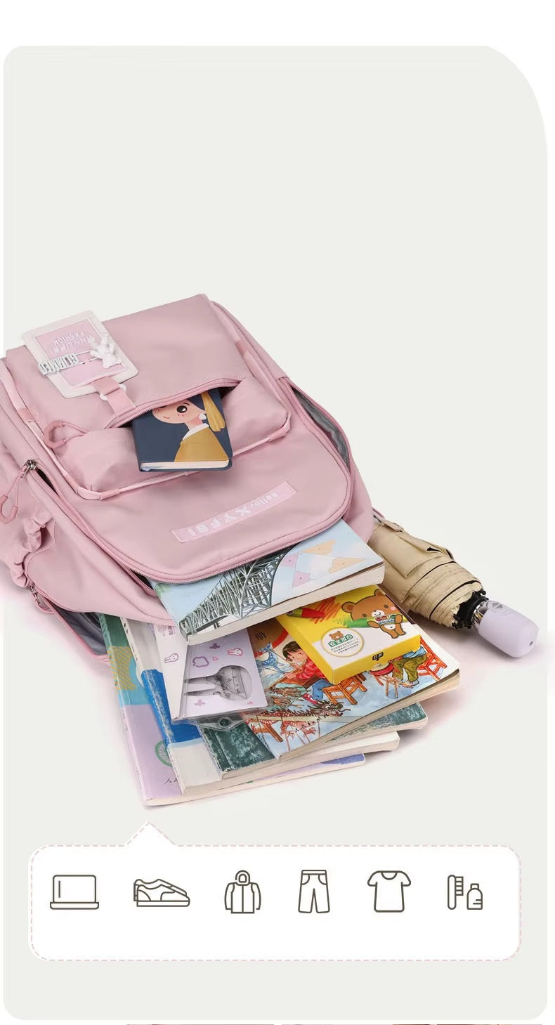 Glimmed Teddy Badge School Bag For Girls Imported  Nylon Waterproof Backpack with Laptop Sleeve | Fashion Campus Bag with Teddy Bear Badge, Large Capacity 45x30x20 cm