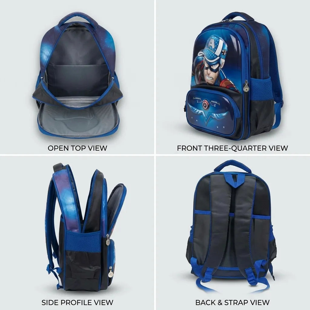 Captain America Design School Bag – Premium Trolley-Attachable Backpack for Kids