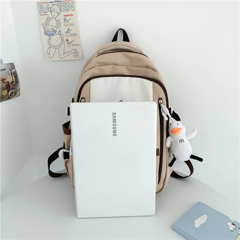 Patchwork Color Multi-Pocket Large Capacity Backpack for Girls & Women – Waterproof Nylon School, College, Travel & Laptop Bag (45 × 30 × 14 cm)**