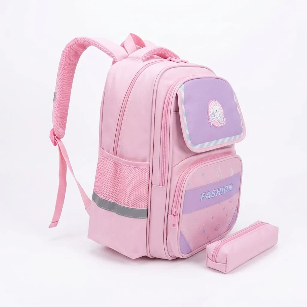 Fashion Kids School Backpack – Imported, with Matching Pencil Case (Available in Pink, Blue & Navy-Pink)