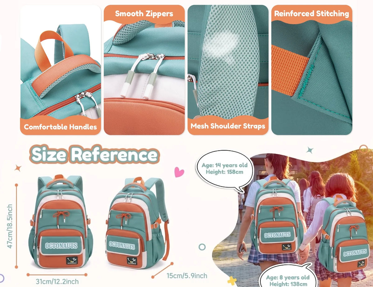 Octanauts Zenvy Cute Waterproof Large Capacity School Backpack for Girls – Multi-Compartment Laptop Travel Bag (15.6”)