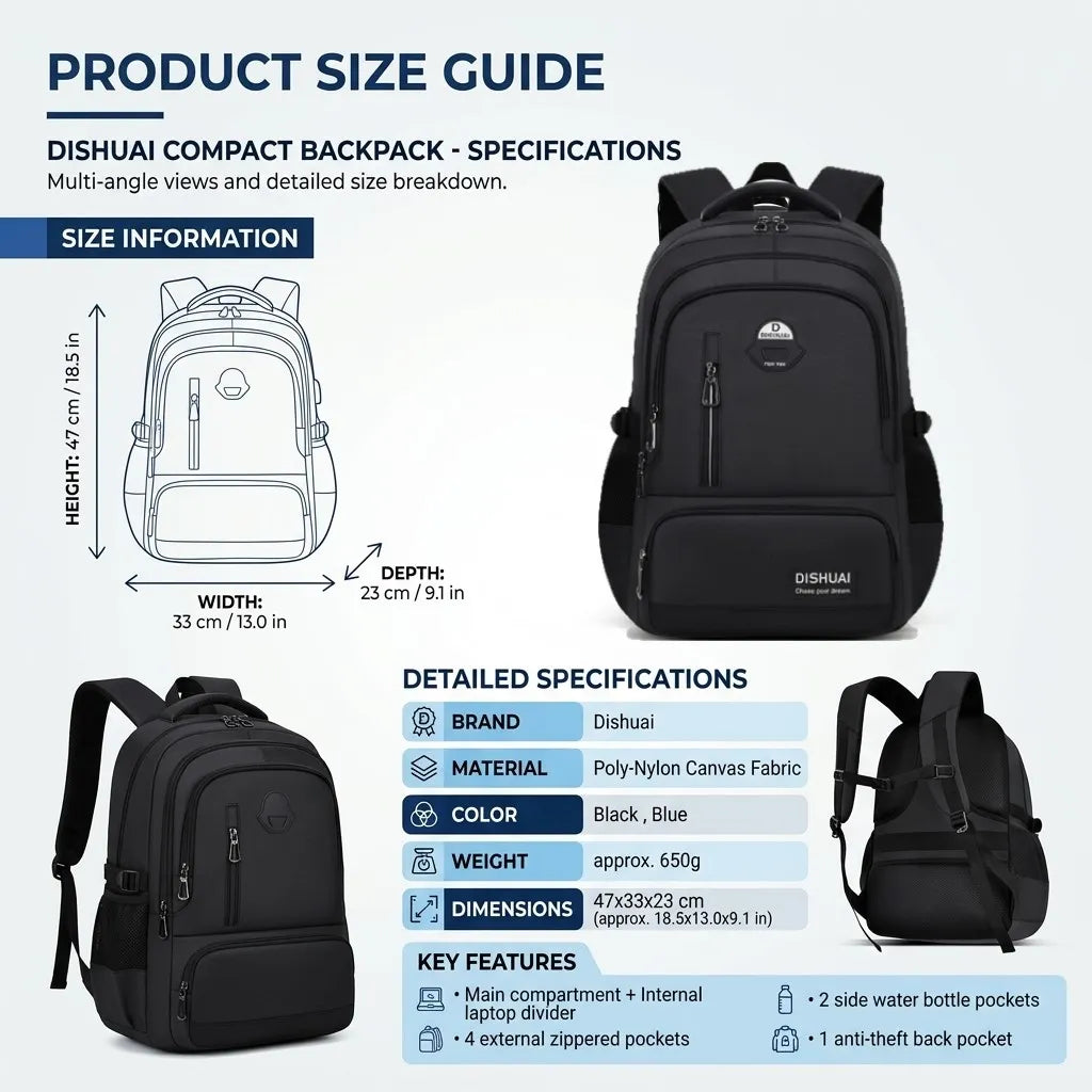 DISHUAI Drift X-Large Capacity Backpack – 17" Laptop School Bag, Water Resistant, Anti-Theft Pocket