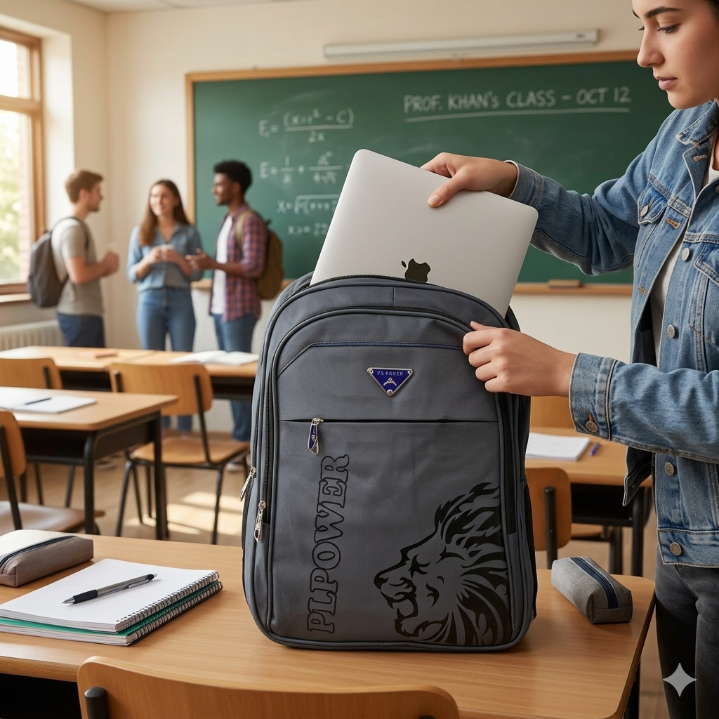 PL Power Waterproof School & Travel Backpack – USB & AUX Port | Premium Polyester Laptop Bag (Class 8–10)