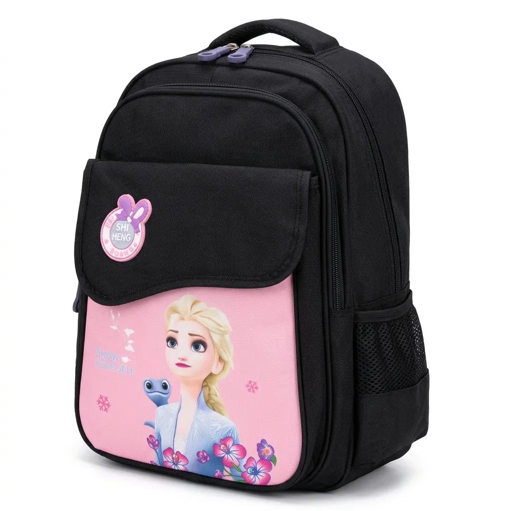 Shiheng Black Elsa School Backpack for Girls | Cute Cartoon School Bag for Nursery to Class 2 | Imported Kids Bag