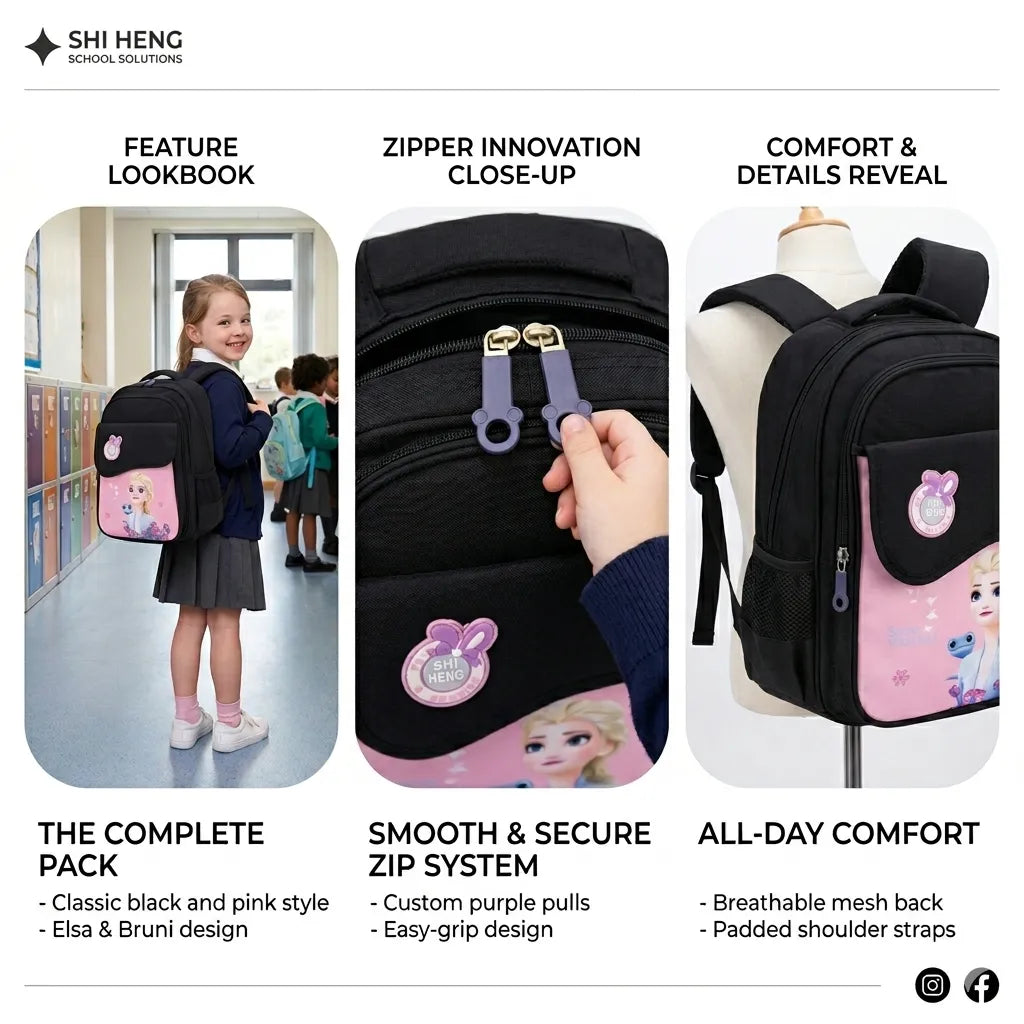 Shiheng Black Elsa School Backpack for Girls | Cute Cartoon School Bag for Nursery to Class 2 | Imported Kids Bag