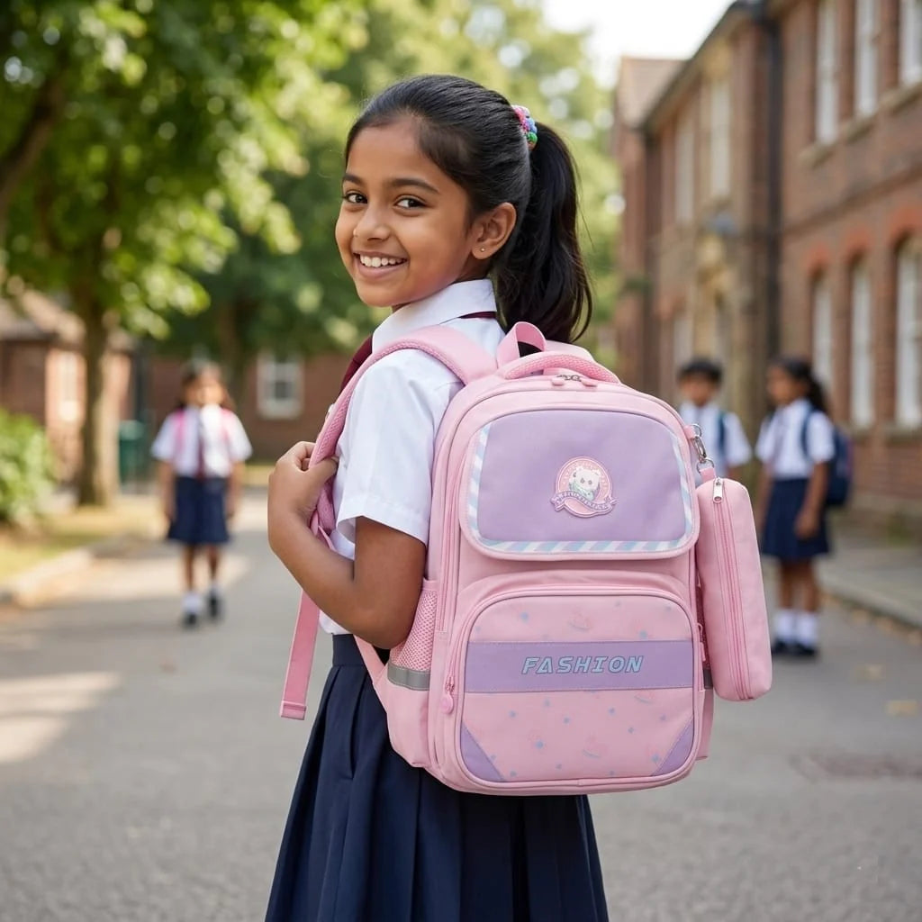 Fashion Kids School Backpack – Imported, with Matching Pencil Case (Available in Pink, Blue & Navy-Pink)