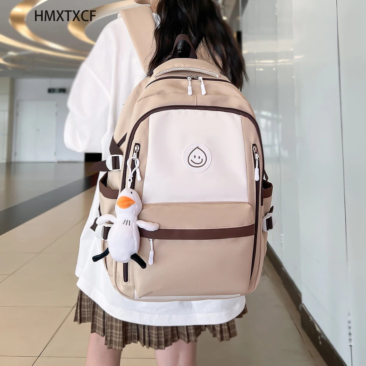 Patchwork Color Multi-Pocket Large Capacity Backpack for Girls & Women – Waterproof Nylon School, College, Travel & Laptop Bag (45 × 30 × 14 cm)**