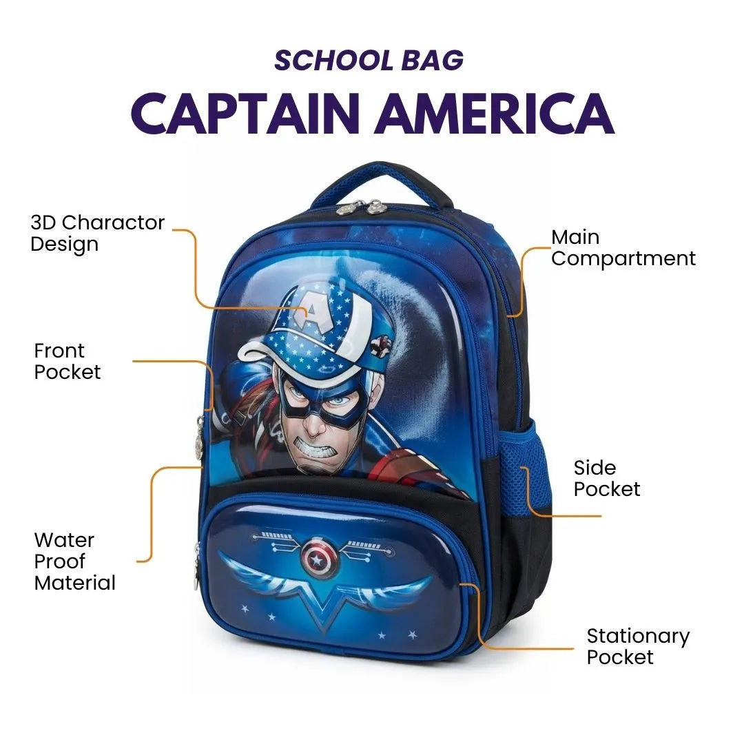 Captain America Design School Bag – Premium Trolley-Attachable Backpack for Kids