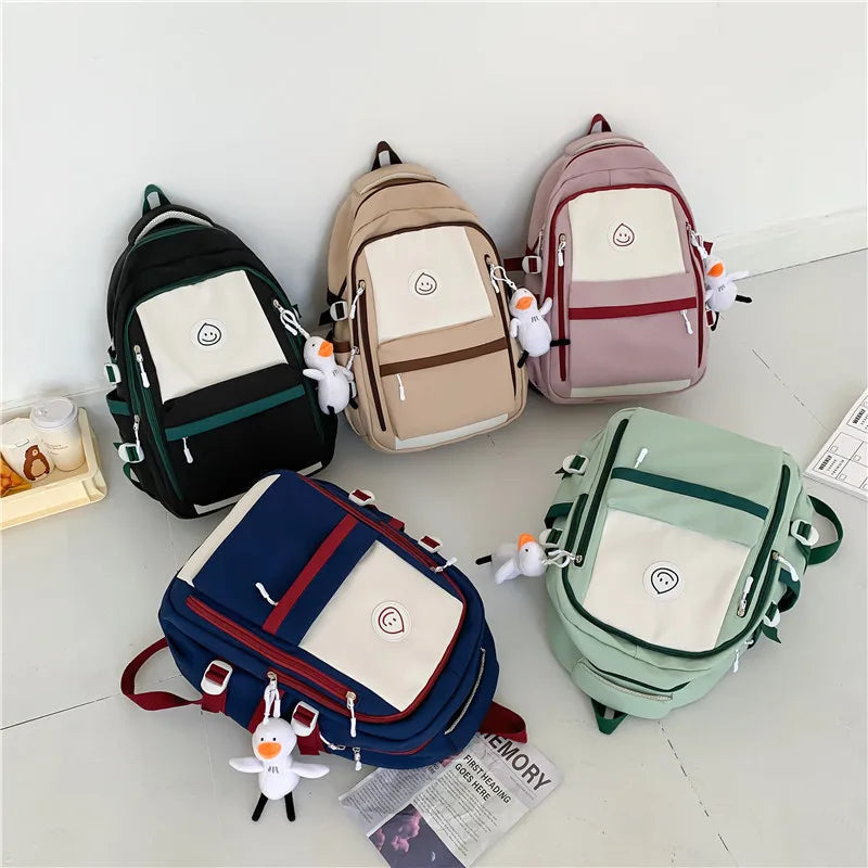 Patchwork Color Multi-Pocket Large Capacity Backpack for Girls & Women – Waterproof Nylon School, College, Travel & Laptop Bag (45 × 30 × 14 cm)**