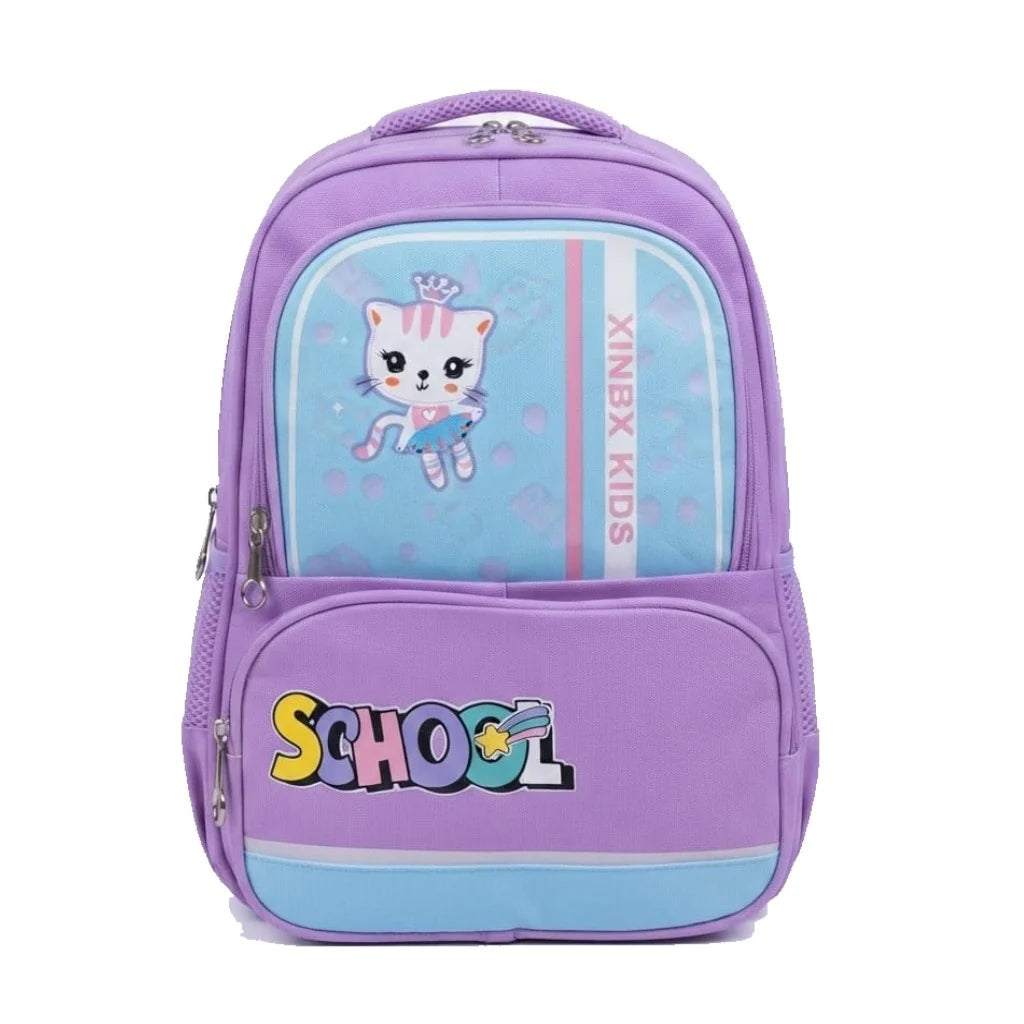 XB Cat Cartoon Imported Girls School Bag for Class 1-3 - Backpack with Chest Buckle & Reflective Strips