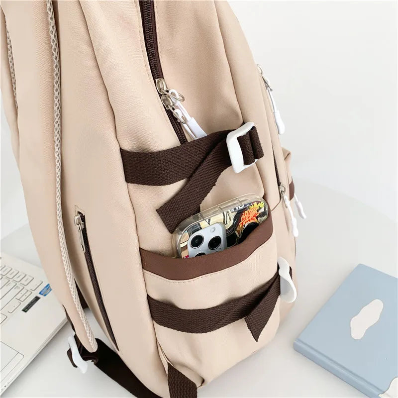 Patchwork Color Multi-Pocket Large Capacity Backpack for Girls & Women – Waterproof Nylon School, College, Travel & Laptop Bag (45 × 30 × 14 cm)**