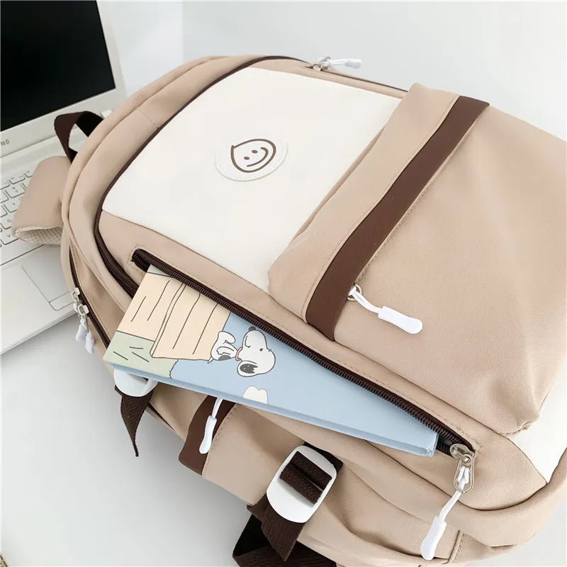 Patchwork Color Multi-Pocket Large Capacity Backpack for Girls & Women – Waterproof Nylon School, College, Travel & Laptop Bag (45 × 30 × 14 cm)**
