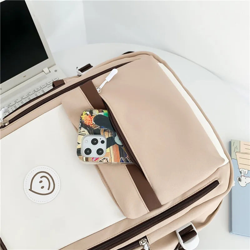 Patchwork Color Multi-Pocket Large Capacity Backpack for Girls & Women – Waterproof Nylon School, College, Travel & Laptop Bag (45 × 30 × 14 cm)**