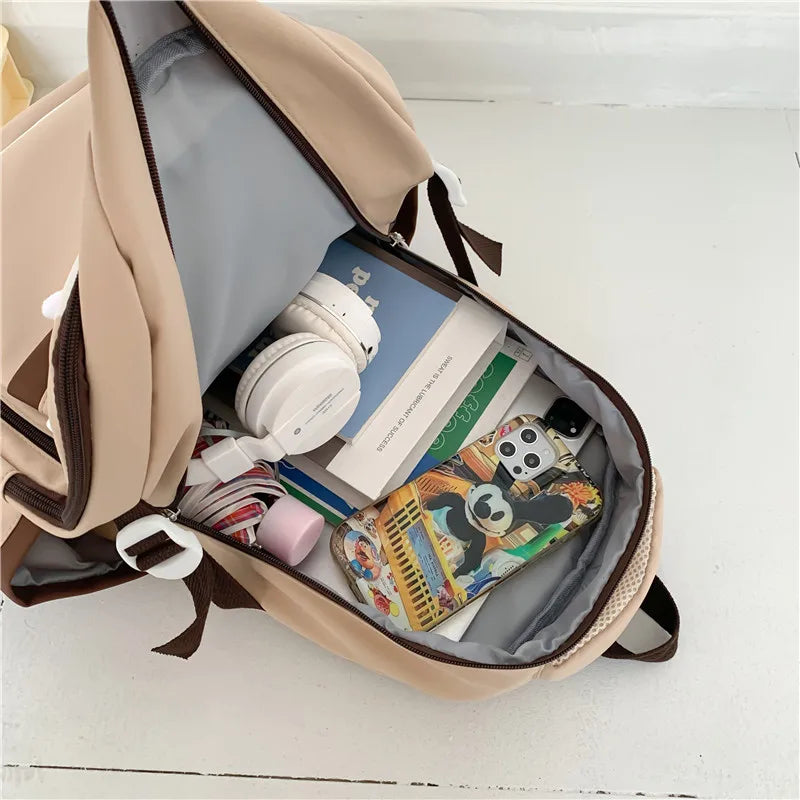 Patchwork Color Multi-Pocket Large Capacity Backpack for Girls & Women – Waterproof Nylon School, College, Travel & Laptop Bag (45 × 30 × 14 cm)**