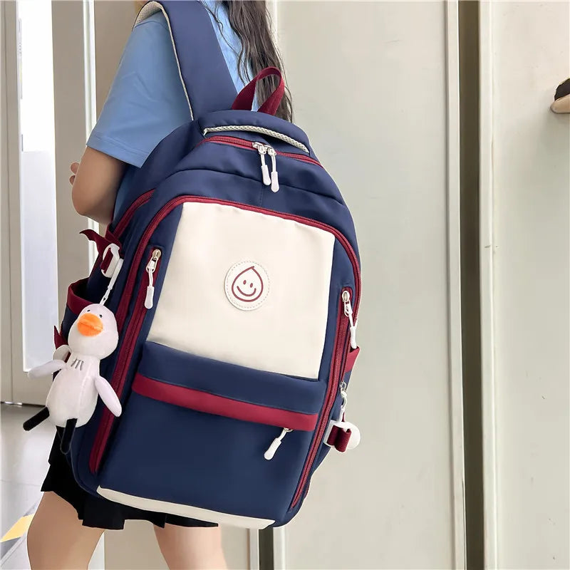 Patchwork Color Multi-Pocket Large Capacity Backpack for Girls & Women – Waterproof Nylon School, College, Travel & Laptop Bag (45 × 30 × 14 cm)**