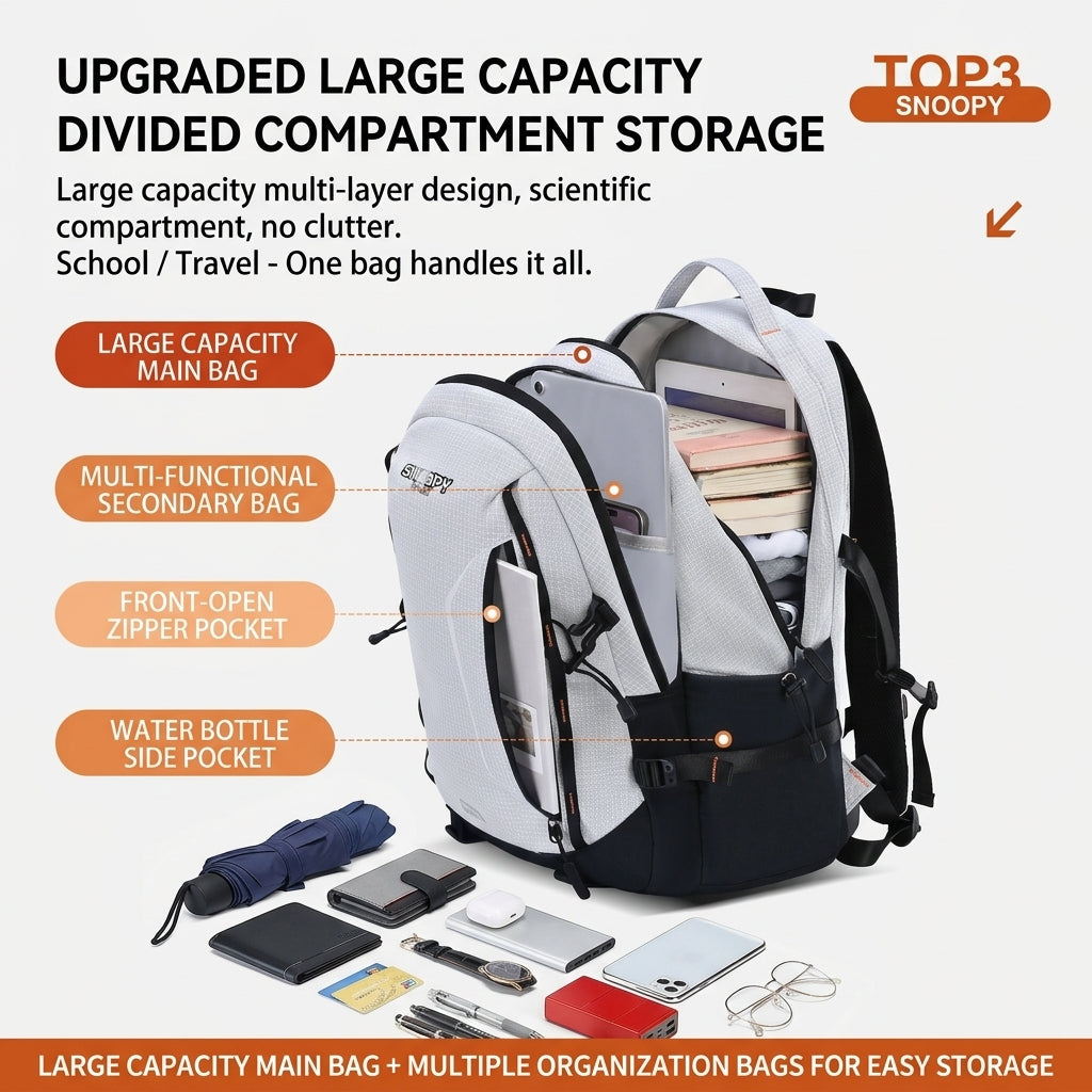 Snoopy Casual Backpack – Light Grey Checked, Water Resistant, 15.6" Laptop Compartment