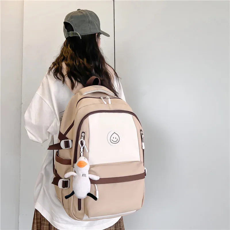 Patchwork Color Multi-Pocket Large Capacity Backpack for Girls & Women – Waterproof Nylon School, College, Travel & Laptop Bag (45 × 30 × 14 cm)**