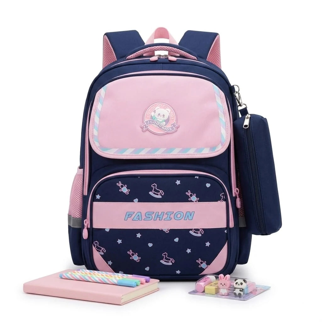 Fashion Kids School Backpack – Imported, with Matching Pencil Case (Available in Pink, Blue & Navy-Pink)