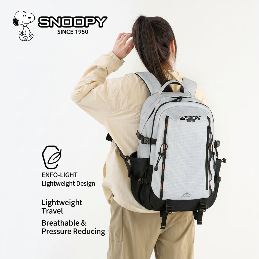 Snoopy Casual Backpack – Light Grey Checked, Water Resistant, 15.6" Laptop Compartment