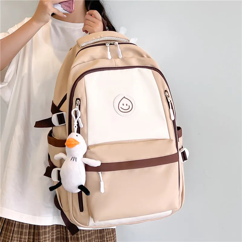 Patchwork Color Multi-Pocket Large Capacity Backpack for Girls & Women – Waterproof Nylon School, College, Travel & Laptop Bag (45 × 30 × 14 cm)**