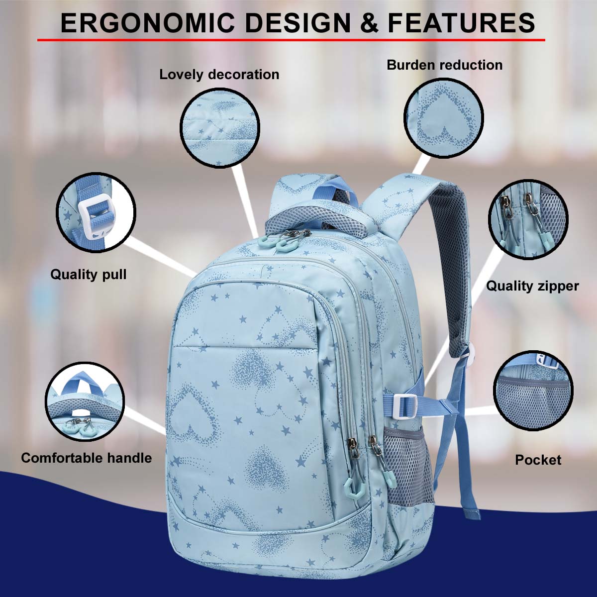 Hearts Design Blue Unisex School Backpack – Stylish, Spacious & Waterproof