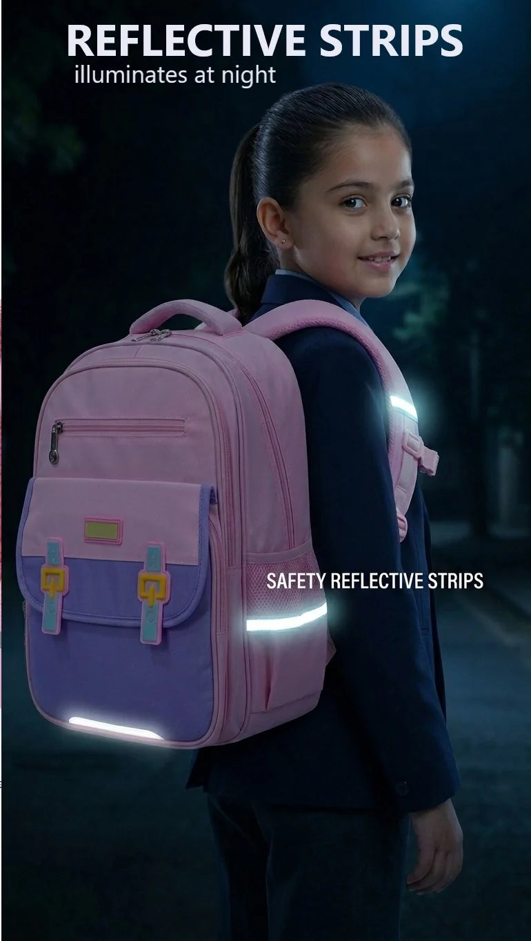 Pink School Backpack for Primary Class Girls – Imported, Water Resistant, Ergonomic with Reflective Strips