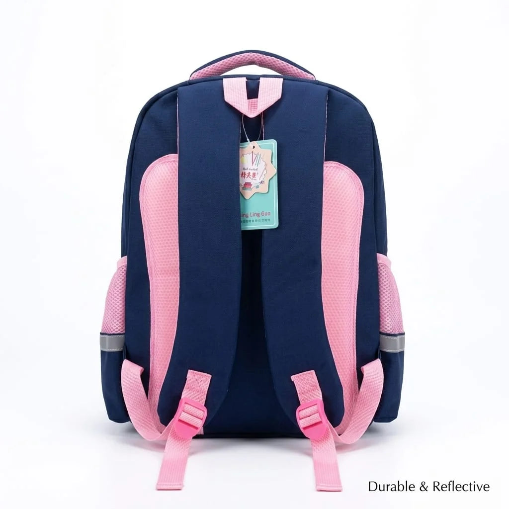 Fashion Kids School Backpack – Imported, with Matching Pencil Case (Available in Pink, Blue & Navy-Pink)