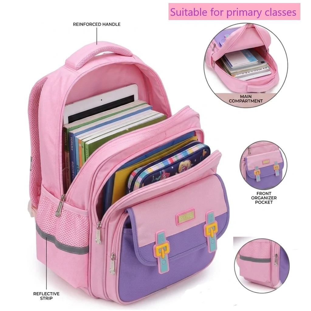 Pink School Backpack for Primary Class Girls – Imported, Water Resistant, Ergonomic with Reflective Strips