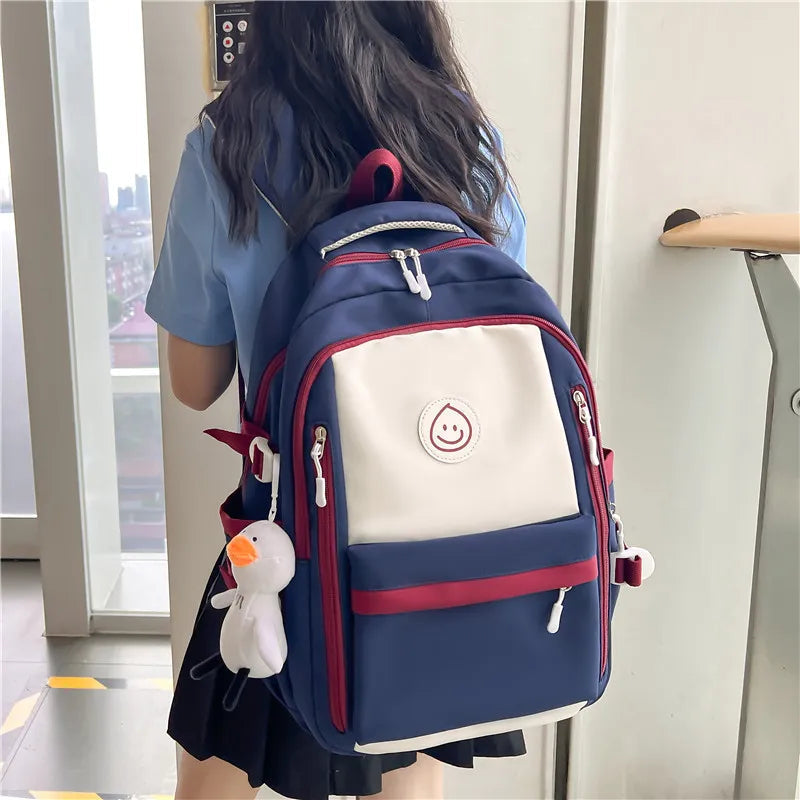 Patchwork Color Multi-Pocket Large Capacity Backpack for Girls & Women – Waterproof Nylon School, College, Travel & Laptop Bag (45 × 30 × 14 cm)**