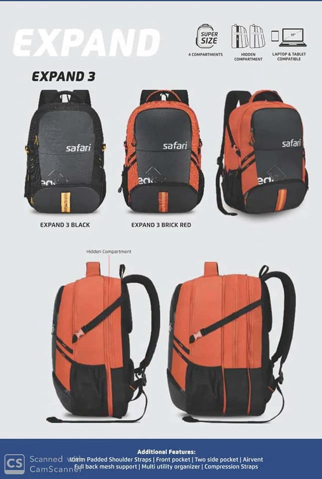 Safari Grande 43L Expandable Travel Laptop Backpack – 17″ Laptop, 3 Compartments, Compression Straps, Bottle Holder | Brick Red