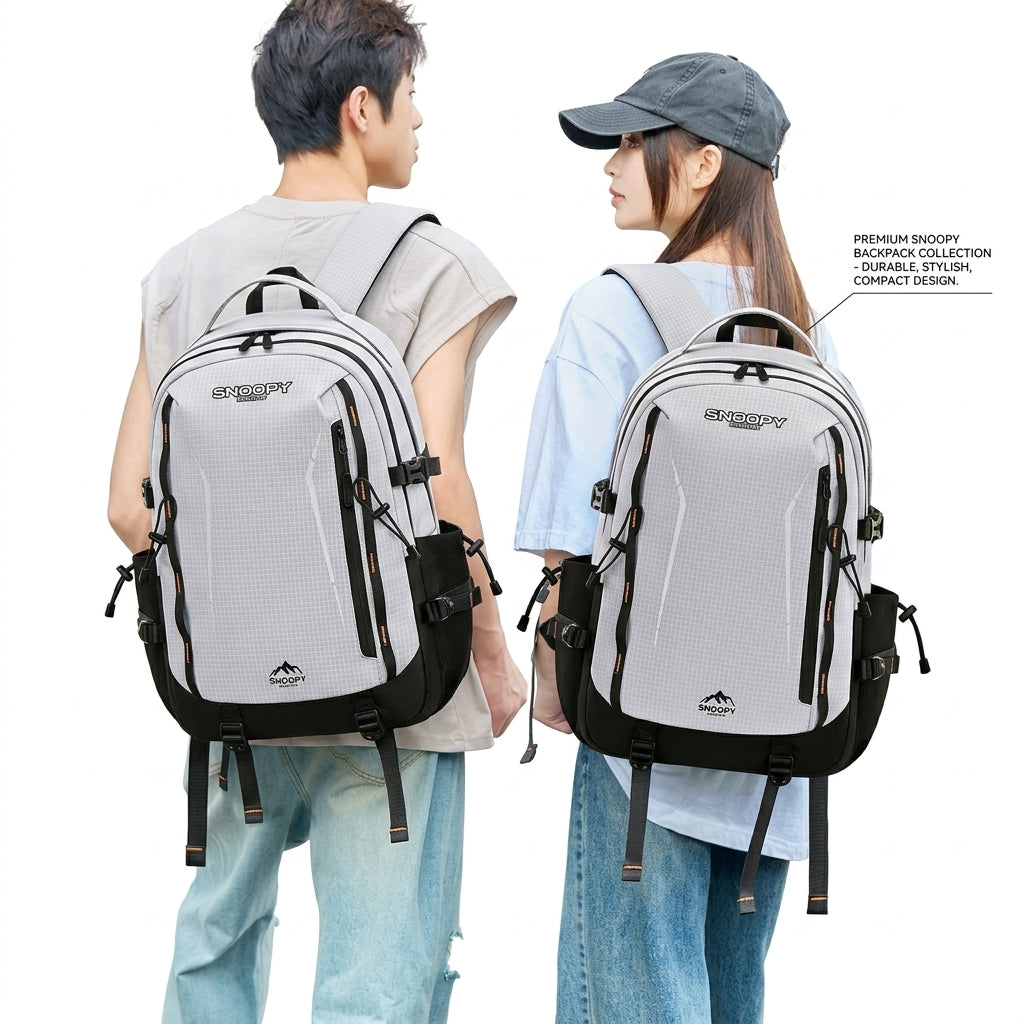 Snoopy Casual Backpack – Light Grey Checked, Water Resistant, 15.6" Laptop Compartment