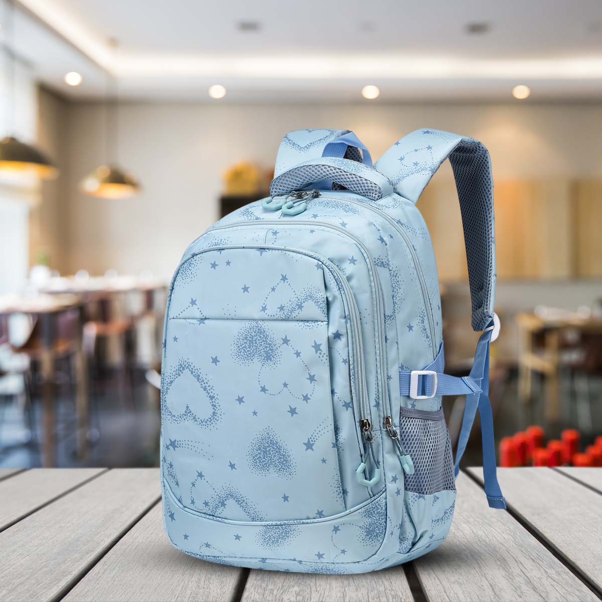 Hearts Design Blue Unisex School Backpack – Stylish, Spacious & Waterproof