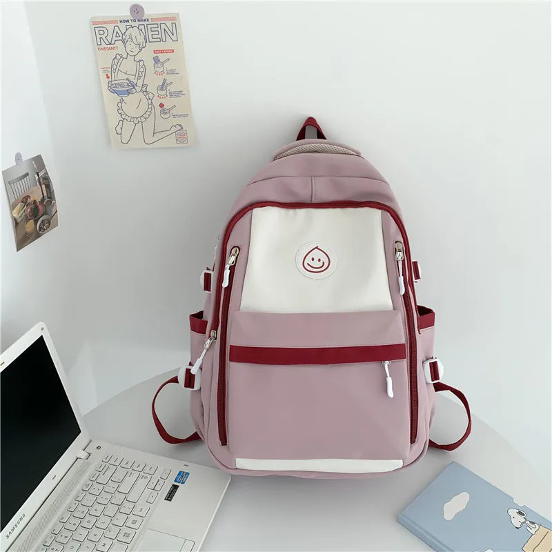 Patchwork Color Multi-Pocket Large Capacity Backpack for Girls & Women – Waterproof Nylon School, College, Travel & Laptop Bag (45 × 30 × 14 cm)**