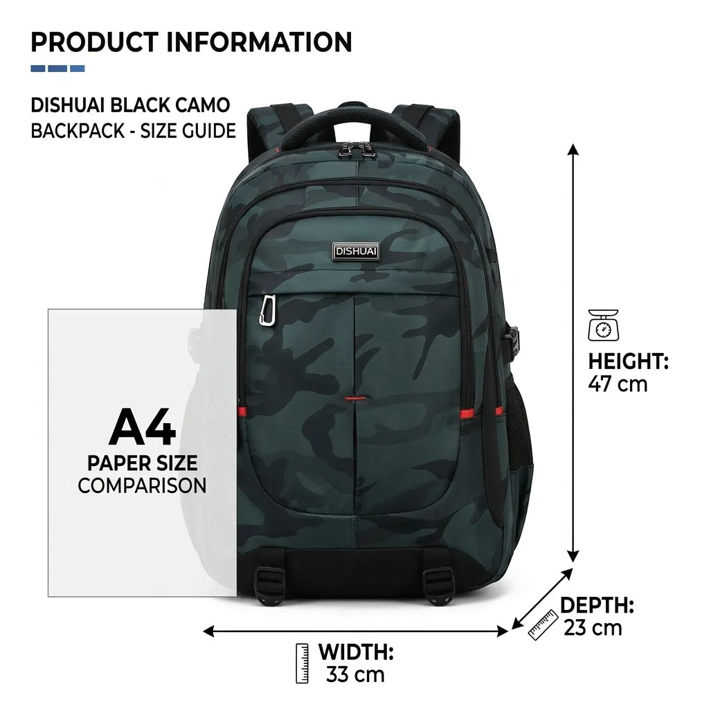 DISHUAI Camo Black Water-Resistant Backpack – 35L Large Capacity Travel & Laptop Bag with Trolley Strap