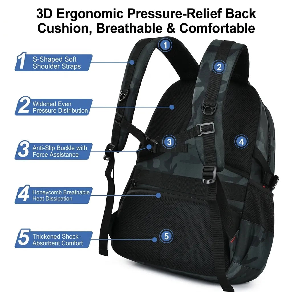 DISHUAI Camo Black Water-Resistant Backpack – 35L Large Capacity Travel & Laptop Bag with Trolley Strap