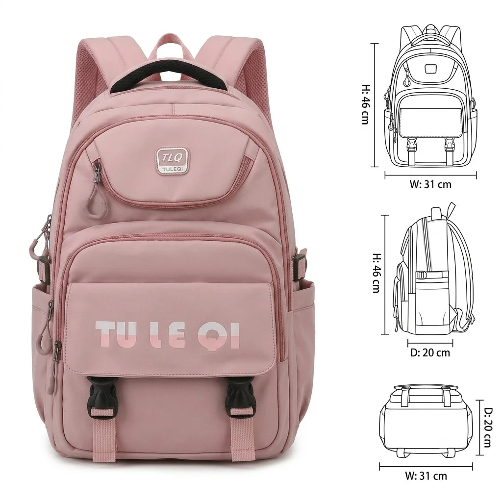 TLQ Premium Imported School & College Backpack for Girls – Pink | Waterproof | 46 × 31 × 20 cm