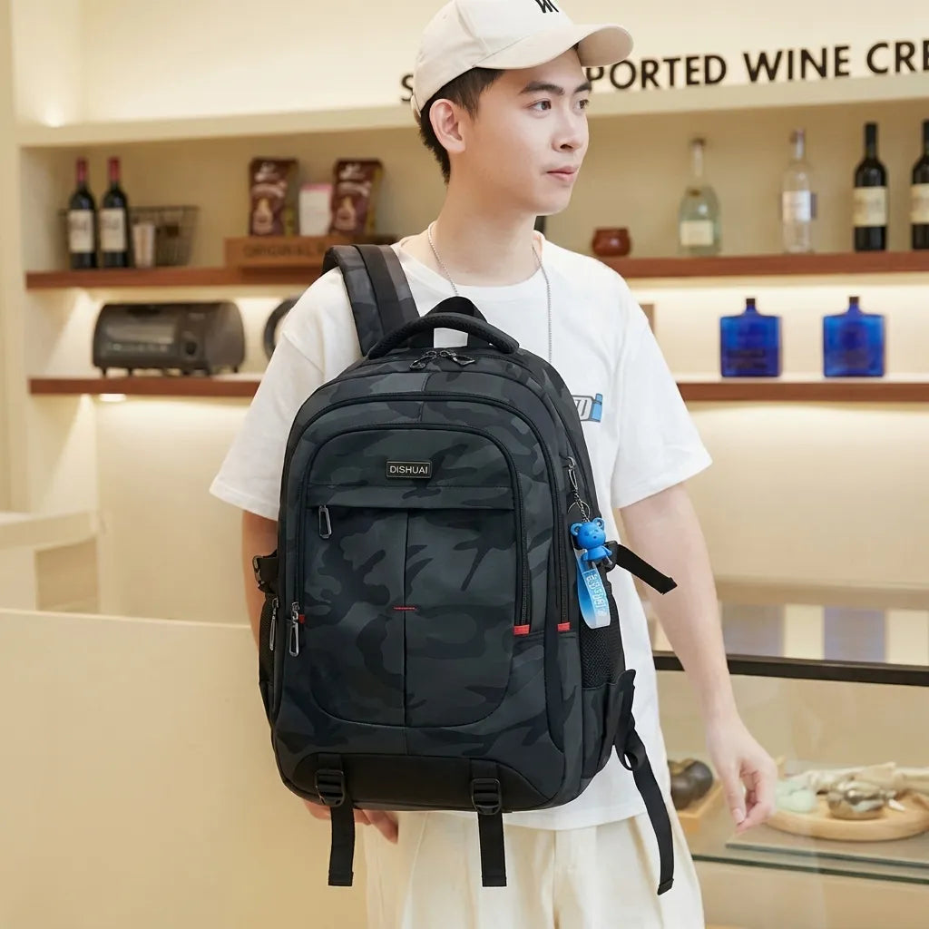 DISHUAI Camo Black Water-Resistant Backpack – 35L Large Capacity Travel & Laptop Bag with Trolley Strap