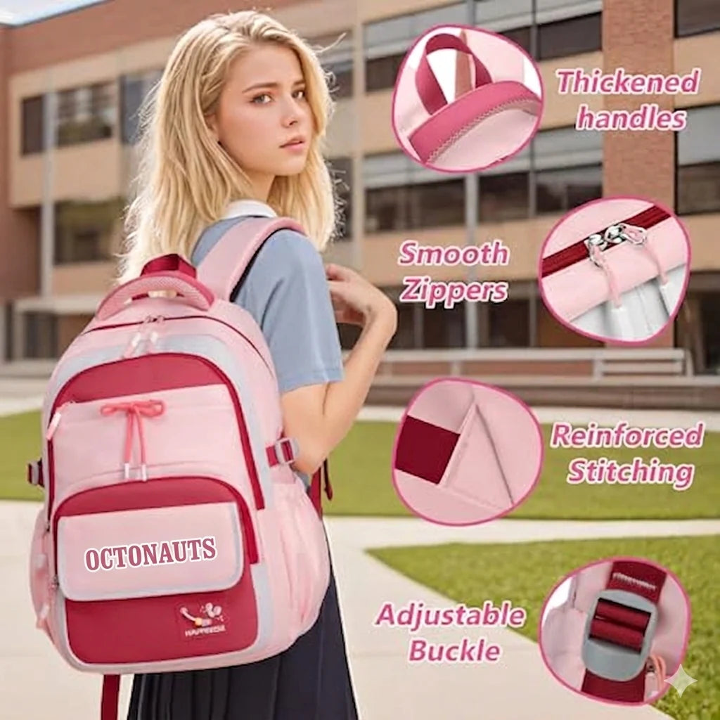 Octanauts Zenvy Cute Waterproof Large Capacity School Backpack for Girls – Multi-Compartment Laptop Travel Bag (15.6”)