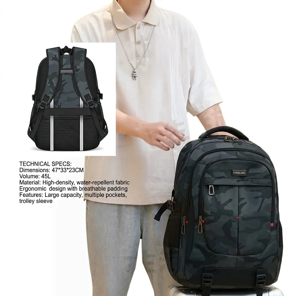 DISHUAI Camo Black Water-Resistant Backpack – 35L Large Capacity Travel & Laptop Bag with Trolley Strap