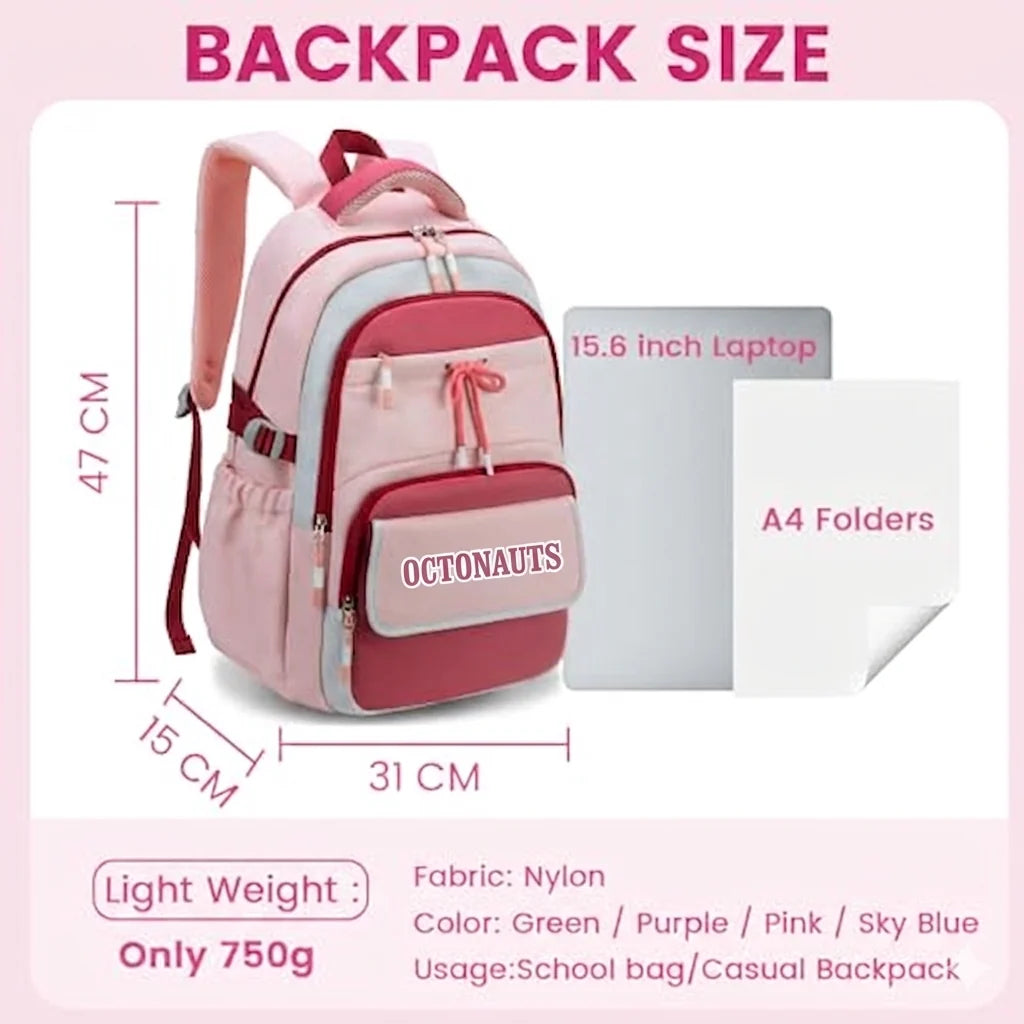 Octanauts Zenvy Cute Waterproof Large Capacity School Backpack for Girls – Multi-Compartment Laptop Travel Bag (15.6”)